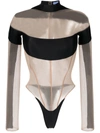 Mugler Illusion Stretch Jersey-trimmed Tulle Thong Bodysuit In Black