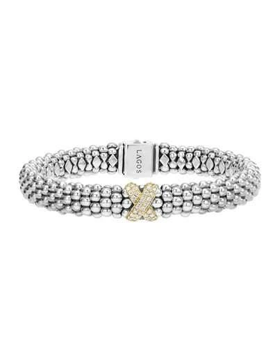 Lagos Sterling Silver 18k Gold Diamond X Rope Bracelet In Silver/gold