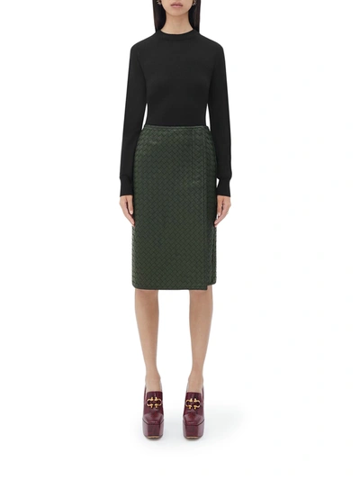 Bottega Veneta Leather Intrecciato Midi Skirt In Green