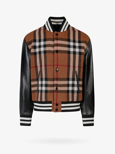 Burberry Checked Wool-blend And Full-grain Leather Varsity Jacket In Multicolore