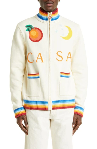 Casablanca Casa Club Intarsia Cotton Zip-up Cardigan In White