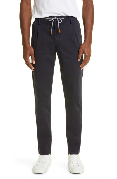 Eleventy Drawstring Waist Pleated Straight Leg Stretch Cotton Pants In Blue
