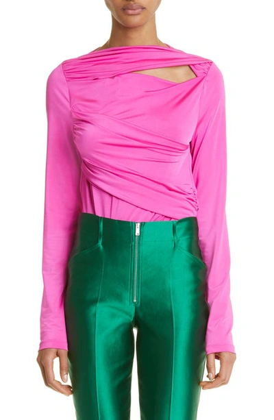 Victoria Beckham Long Sleeve Stretch Shine Wrap Top In Pink