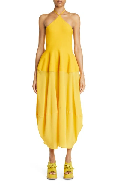Stella Mccartney Halterneck Compact-knit Jersey And Silk Midi Dress In Yellow