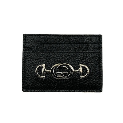 Gucci New Women's  Zumi Black Leather Card Holder Wallet Metal Gg Logo W/box