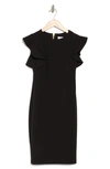 Calvin Klein Ruffle Shoulder Sheath Dress In Black
