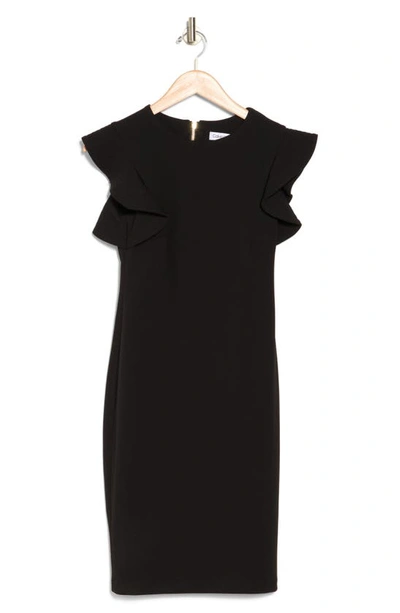 Calvin Klein Ruffle Shoulder Sheath Dress In Black