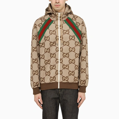 Gucci Neutral Gg Monogram Zip Hooded Jacket In Brown