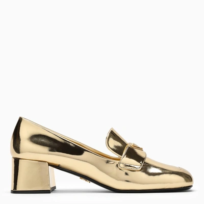 Prada Logo Plaque Heeled Loafers In Metal