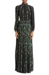 Adam Lippes Floral Crepe De Chine Pleated Maxi Dress In Black Stripe