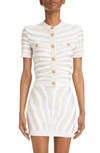 Balmain Button-embellished Metallic Ribbed-knit Cardigan In White Multi