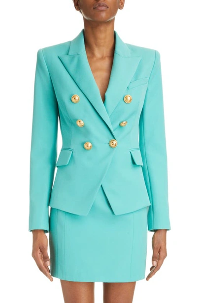 Balmain Double-breasted Grain De Poudre Wool Blazer In Cd Vert D Eau