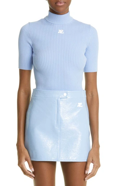 Courrèges Embroidered Logo Mock Neck Rib Sweater In Sky