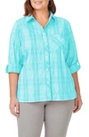 Foxcroft Faith Beach Plaid Button-up Tunic Shirt In Oceanside