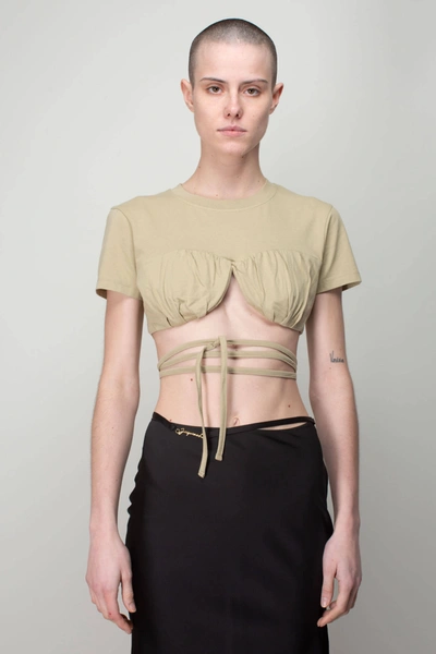 Jacquemus Le Tshirt Baci Cotton Self-tie Crop Top In Green