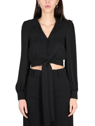 Moschino Cropped Tied-hem Silk Blouse In Black