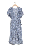 Max Studio Short Sleeve Wrapped Midi Dress In Slt/ Cly Lfy Bnch