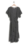Max Studio Short Sleeve Wrapped Midi Dress In Blck Ivry Lrg Plk Dot