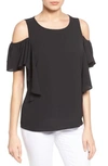 Bobeau Cold Shoulder Ruffle Sleeve Top In Black