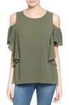 Bobeau Cold Shoulder Ruffle Sleeve Top In Olive Sarma