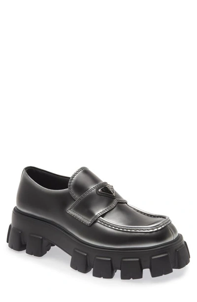 Prada Monolith Brushed Leather Loafers In Black