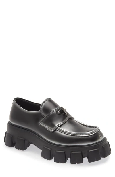 Prada Monolith Brushed Leather Loafers In Nero Argento