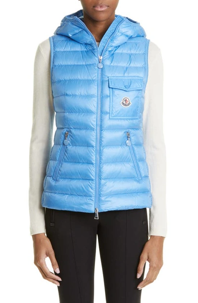 Moncler Glygos Quilted Nylon Hooded Down Vest In Light Blue