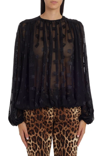 Dolce & Gabbana Monogram Jacquard Chiffon Top In Black