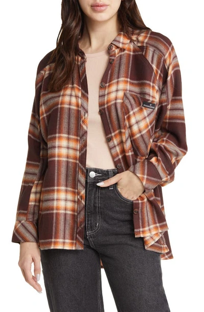 Bdg Urban Outfitters Brendon Plaid High-low Flannel Button-up Shirt In Brown