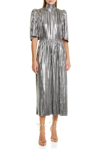 silver plisse midi dress Lisou Diane Silver Metallic Plisse Midi Dress