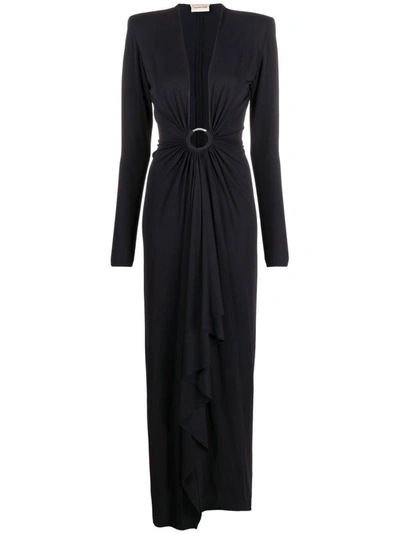 Alexandre Vauthier Black Ruched Plunge Neck Gown In Blue