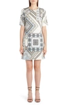 Etro Geometric Pattern Knee-length Dress With Short Sleeves In Ivory/ Blue