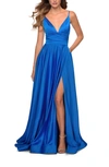 La Femme Satin Empire Waist Sleeveless Gown In Royal Blue