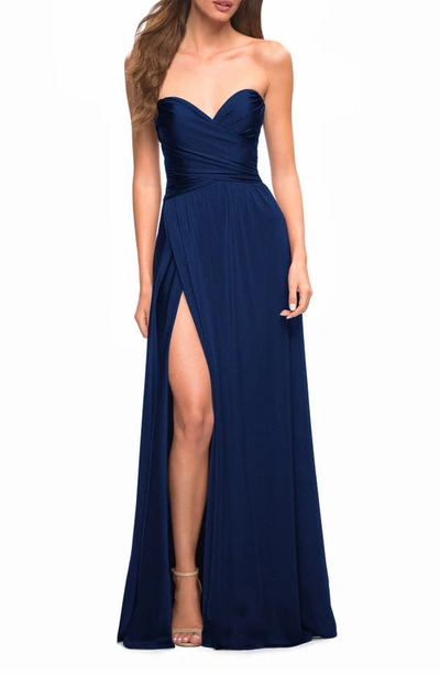 La Femme Strapless Jersey Gown In Navy