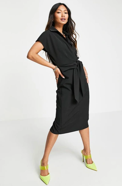 Asos Design Collared Wrap Front Midi Dress With Knot In Black