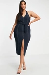 Asos Design Curve Belted Halter Midi Dress In Navy