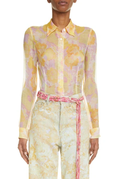 Dries Van Noten Cloudy Floral Print Crinkled Silk Crepe Blouse In Dessin C 977