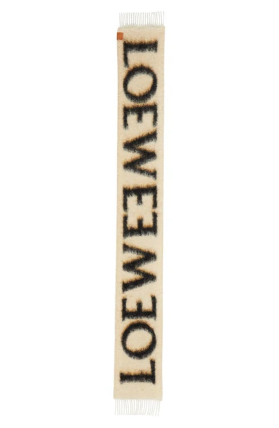 Loewe Intarsia-knit Logo Brushed Scarf In Camel/black