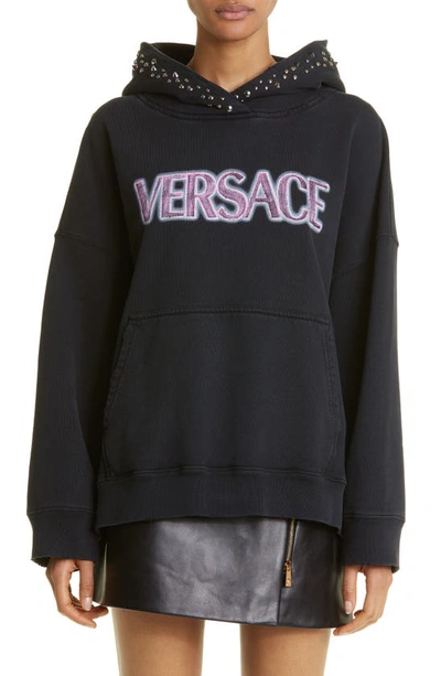 Versace Logo-print Studded Hoodie In Black