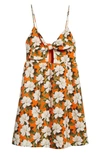 ALICE AND OLIVIA MELVINA FLORAL TIE FRONT STRETCH SILK & COTTON BABYDOLL DRESS