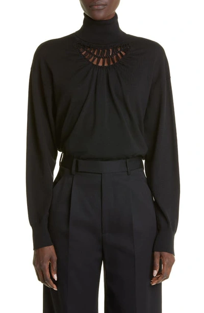 Dries Van Noten Crochet Detail Wool & Cotton Turtleneck Sweater In Black 900