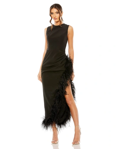 Ieena For Mac Duggal Feather Sleeveless Faux Wrap Dress In Black