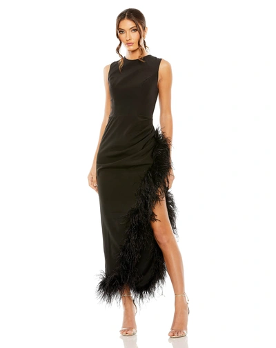 Mac Duggal Black Ruched High-low Sheath Dress With Feather Trim