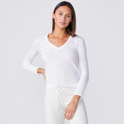 Monrow Textured Tri-blend Fitted Long Sleeve V Neck Tee In White