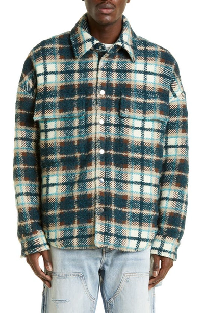 Amiri Plaid Shirt Jacket In Teal-viscose Twill