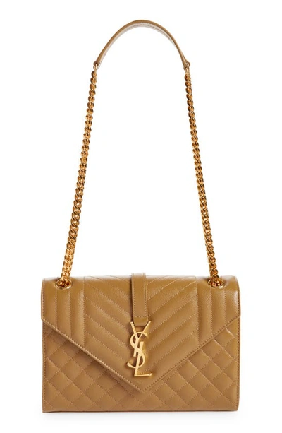 Saint Laurent Medium Tri-quilted Matelasse Grain De Poudre Flap Shoulder Bag, Golden Hardware In Braun