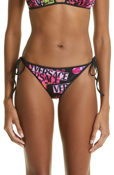 Versace Floral-print Bikini Bottoms In Black