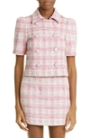 Lisa Marie Fernandez Double Breasted Puff Sleeve Tweed Blazer In Pink Tweed