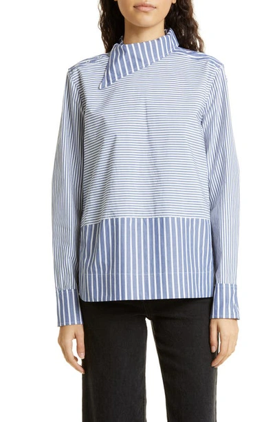Ganni + Net Sustain Asymmetric Striped Cotton-poplin Shirt In Blue
