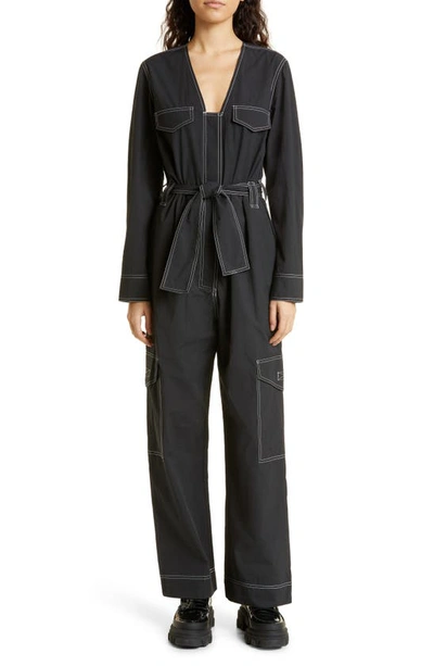 Ganni Topstitch Utility Jumpsuit In Black